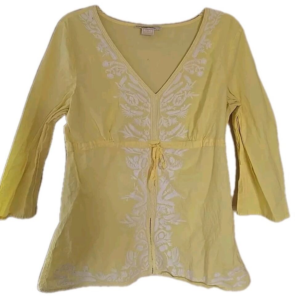 Michael Kors Yellow‎ Embroidered V-Neck Tie Front 3/4 Sleeve Boho Top Womans XL